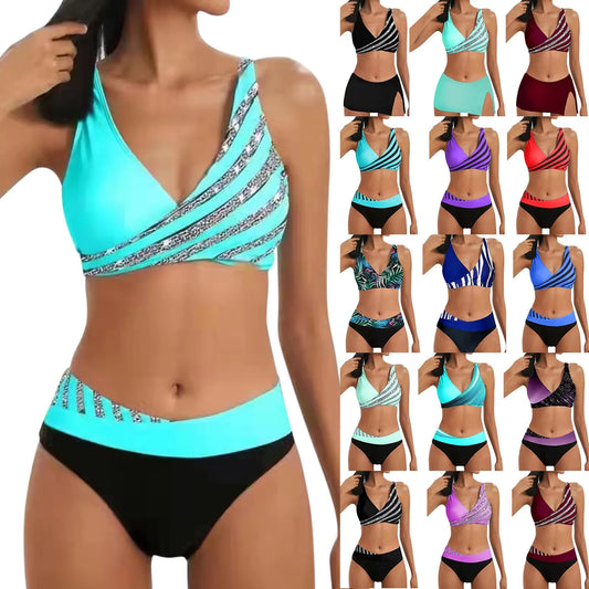 Bikinis de cintura alta para mujer, conjunto de dos piezas de colores mezclados