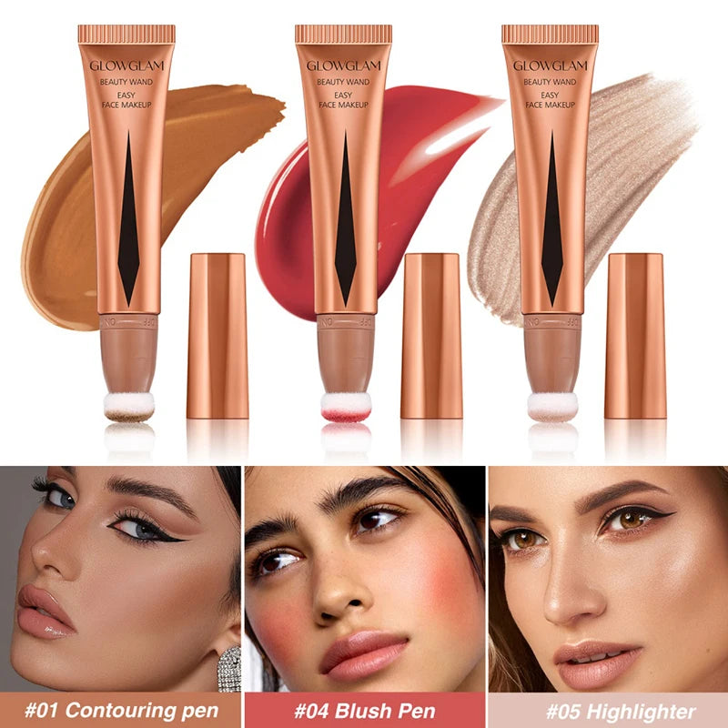 Crema bronceadora de contorno, resaltador, colorete con cojín