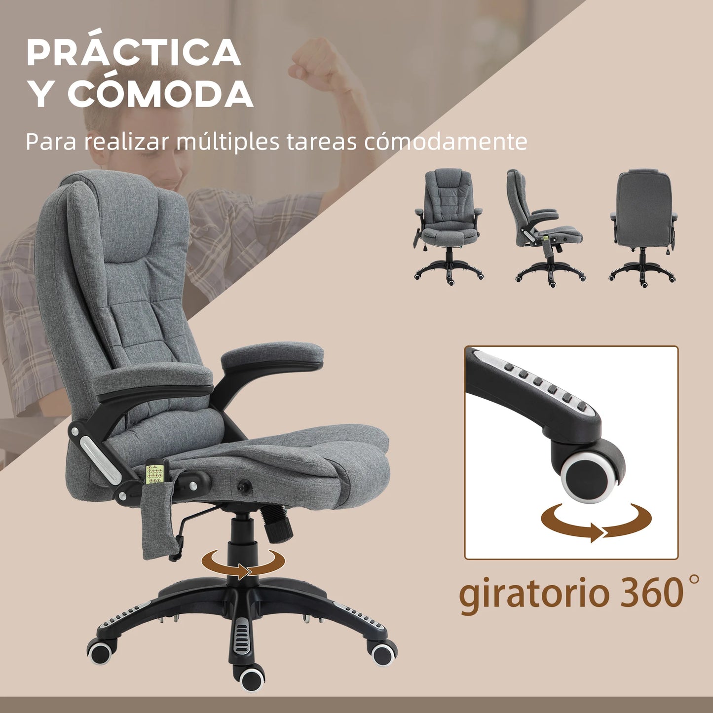 Sillón de masaje Vinsetto con 6 puntos de masaje reclinable 130° con función de calefacción regulable en altura y ruedas de estudio 68x72x110-120 cm