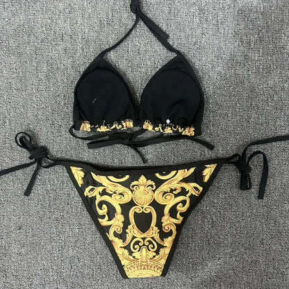 Bikini de dos piezas con estampado Floral dorado