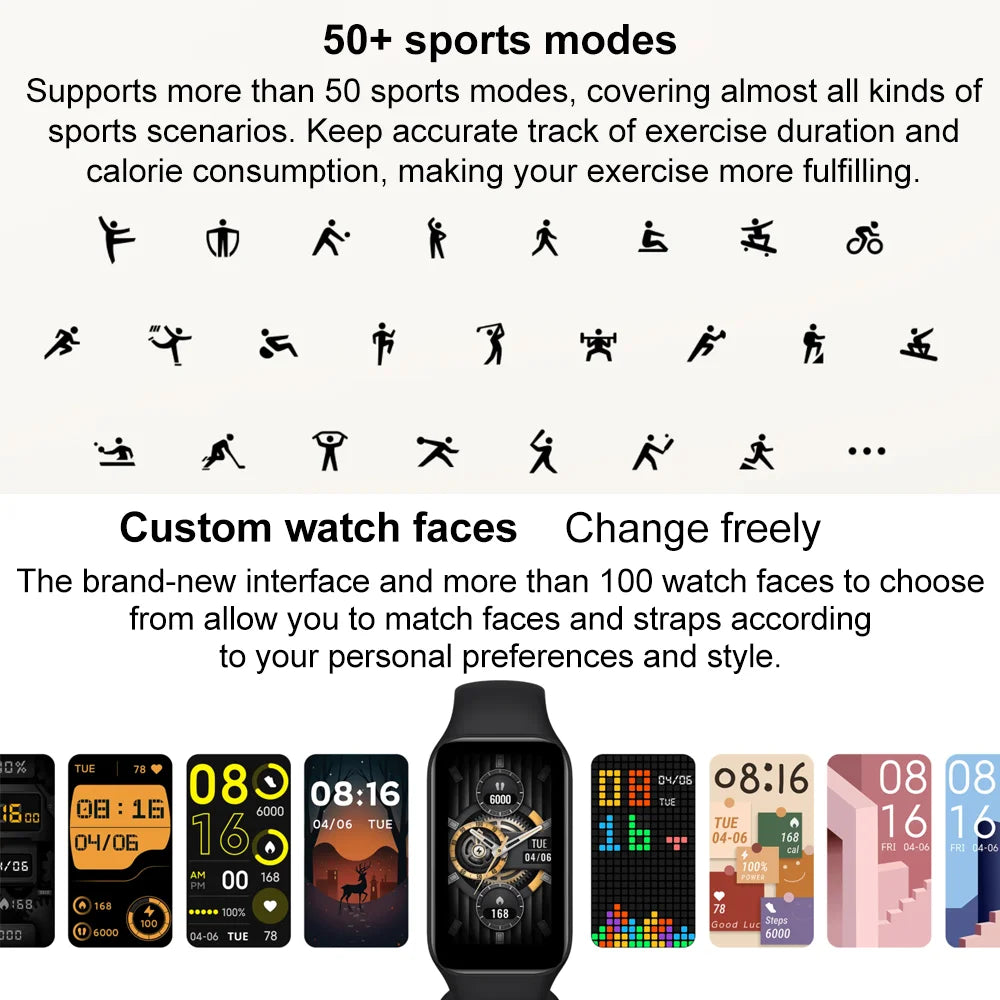 Xiaomi pulsera inteligente Mi Band 8, dispositivo con pantalla LCD de 1,47 pulgadas, Bluetooth 5,1, control del ritmo cardíaco y SpO2, más de 50 modos deportivos