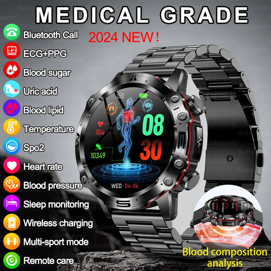 Reloj inteligente para hombre, pulsera con rastreador de actividad física, ECG + PPG, Bluetooth, llamadas, glucosa en sangre y ácido úrico, novedad de 2024