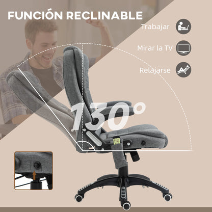 Sillón de masaje Vinsetto con 6 puntos de masaje reclinable 130° con función de calefacción regulable en altura y ruedas de estudio 68x72x110-120 cm